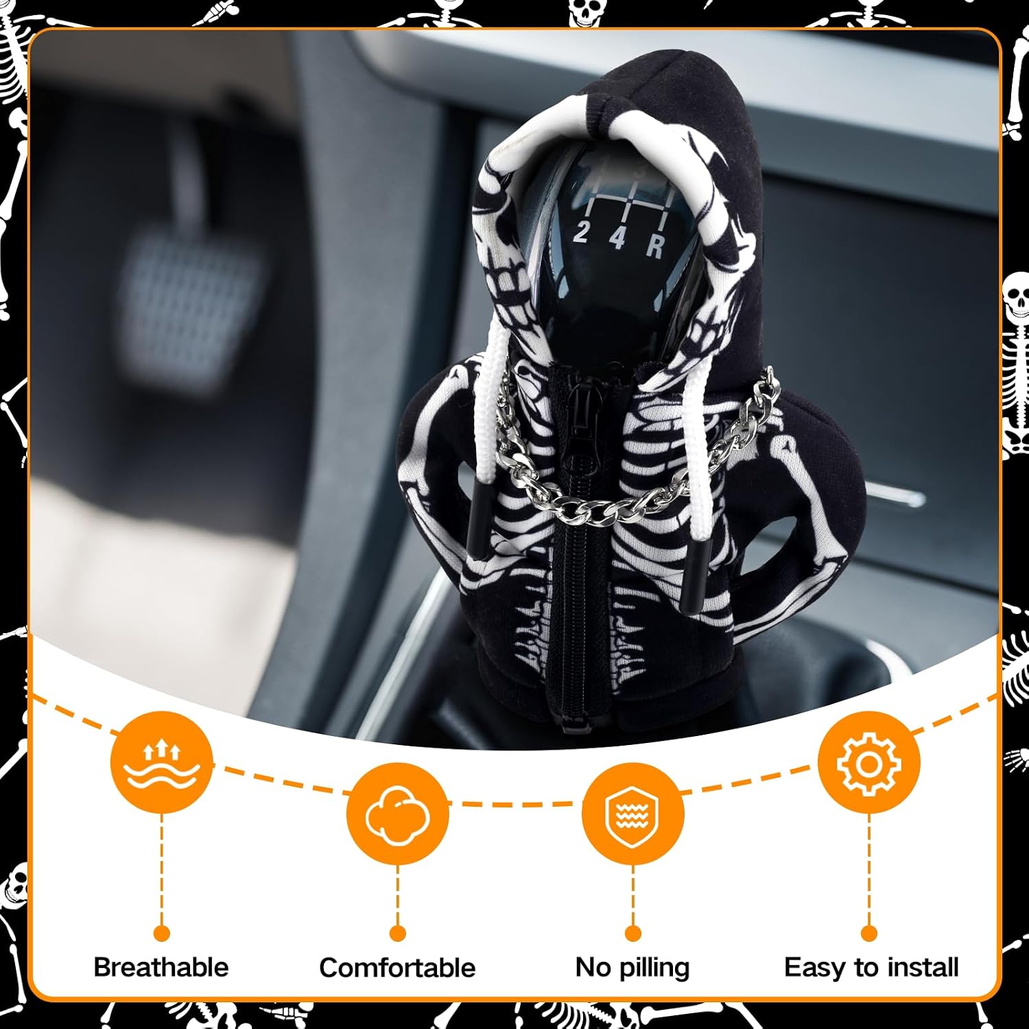 Skeleton Car Gear Shift Hoodie, Skull Shift Knob Cover with Zipper & Detachable Necklace, Heat Insulation Winter Warm Shifter Protector for Most Cars, Trucks & SUVs - Ideal Halloween Decor & Gift