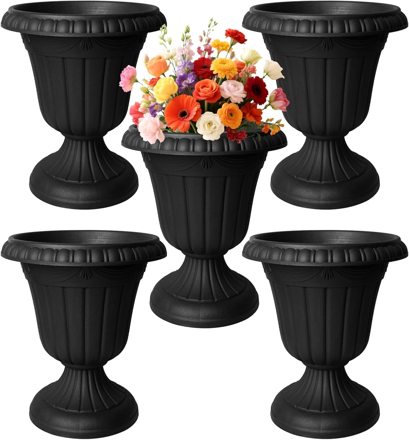 5 Pcs Plastic Urn Planter with Pedestal 10 x 11.5 Inch Black Flower Pots Classic Patio Planters for Bridal Shower Wedding Party Garden Front Porch Indoor Outdoor Home Decor