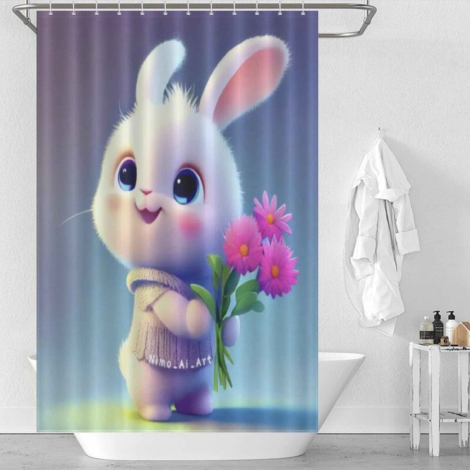 Rideau de douche lapin mignon grand format 122x183 étanche pour baignoire
