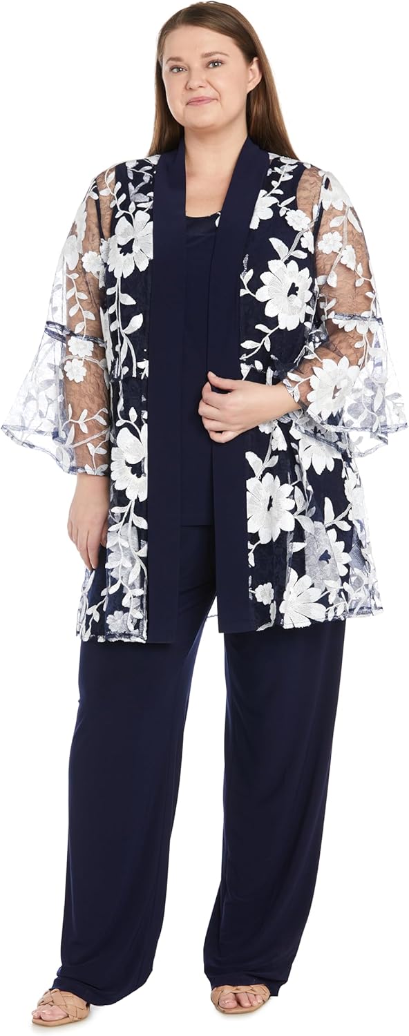 3PC Floral Threadwork Pantsuit Set W/Sheer Bell Sleeve Duster Jacket - Image 6
