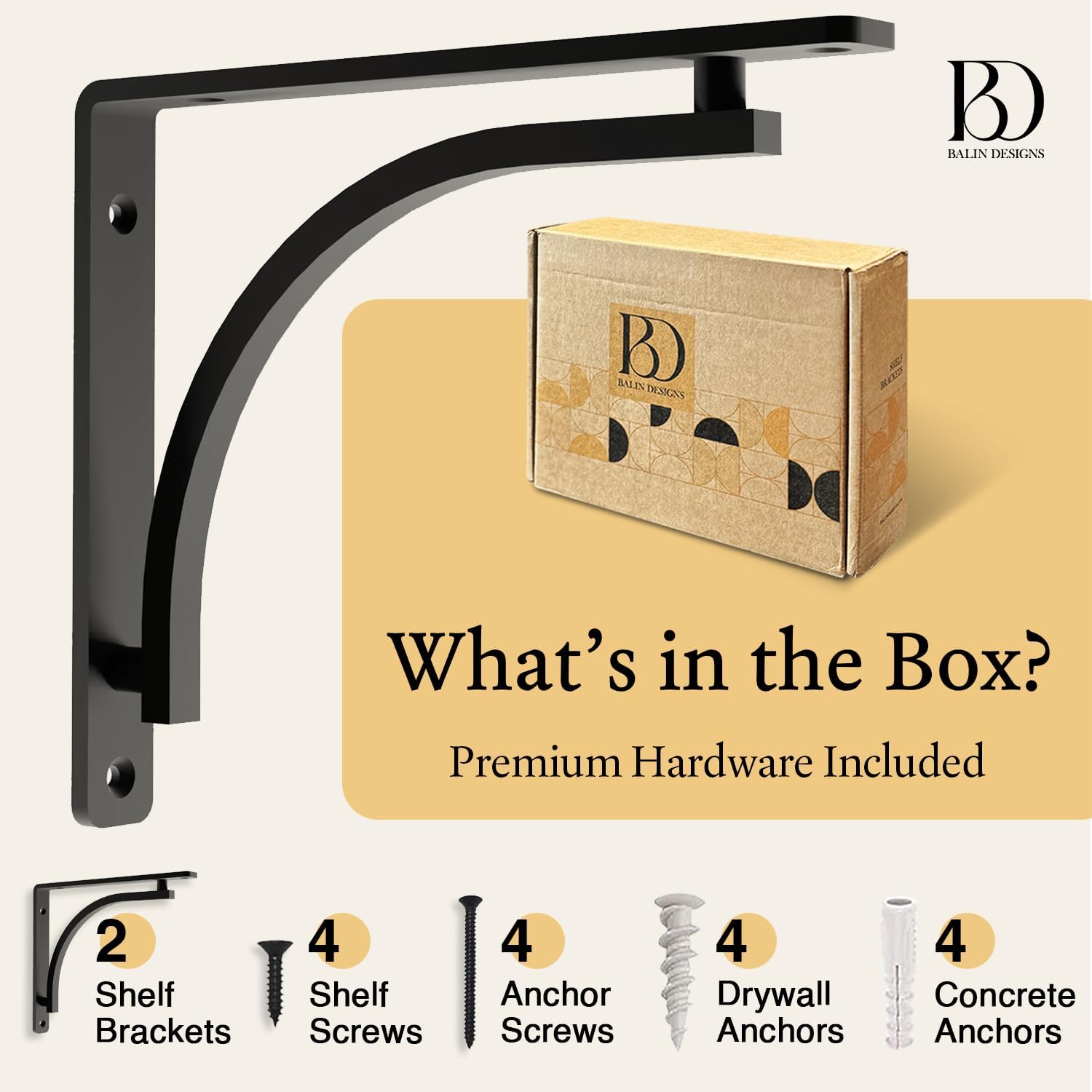 Classic Black Heavy Duty Shelf Brackets 12 inch by Balin Designs – L Bracket, Wall Mounted Support, Shelving Metal Bracket, Decorative Shelf Brackets, with Hardware Included, Set of 2