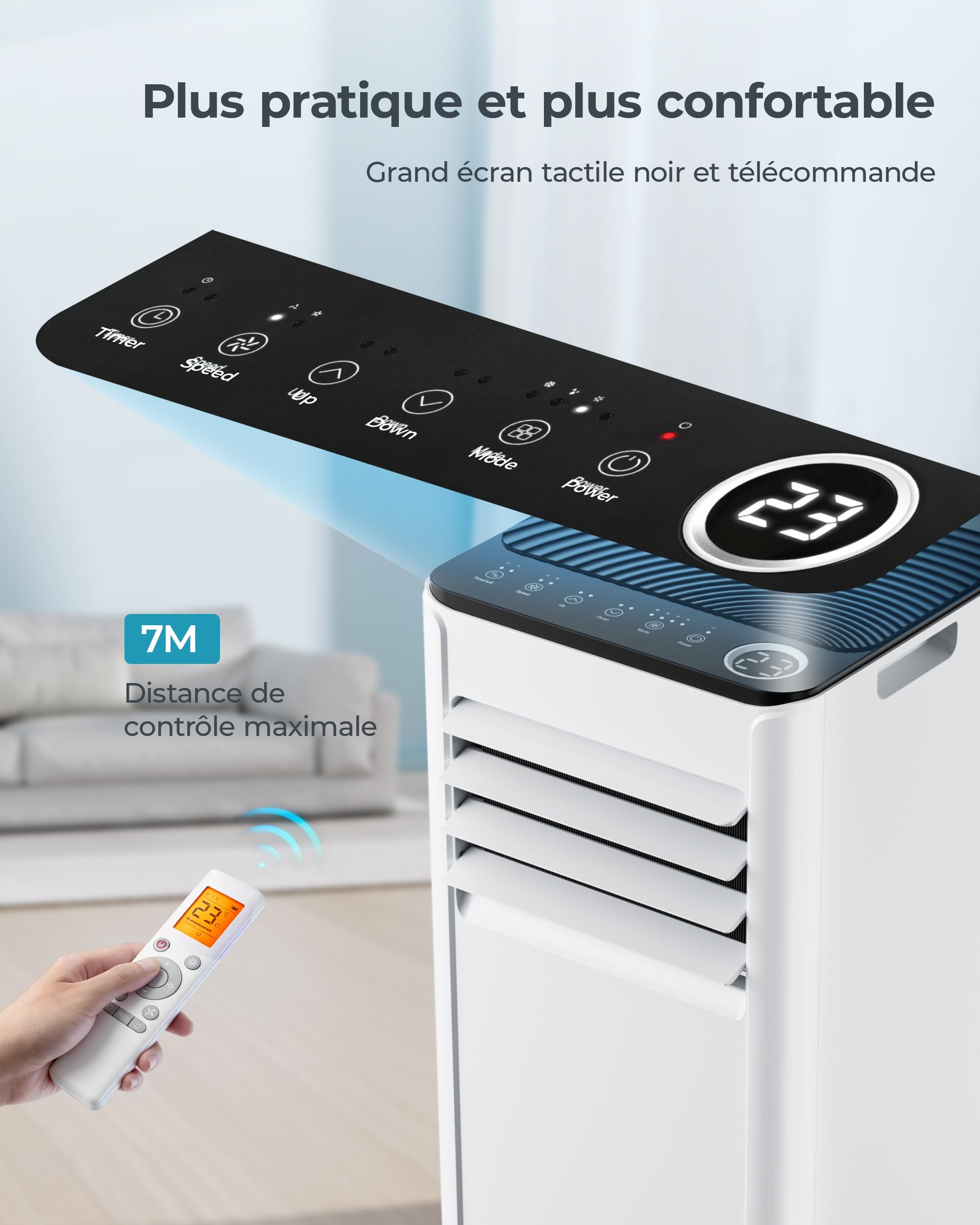 EUHOMY Climatiseur mobile 9000 BTU 2,6 kW (avec télécommande), climatiseur portable quatre en un, fonctionnement silencieux, écran LED, surface couverte 25 m², minuterie 24 heures