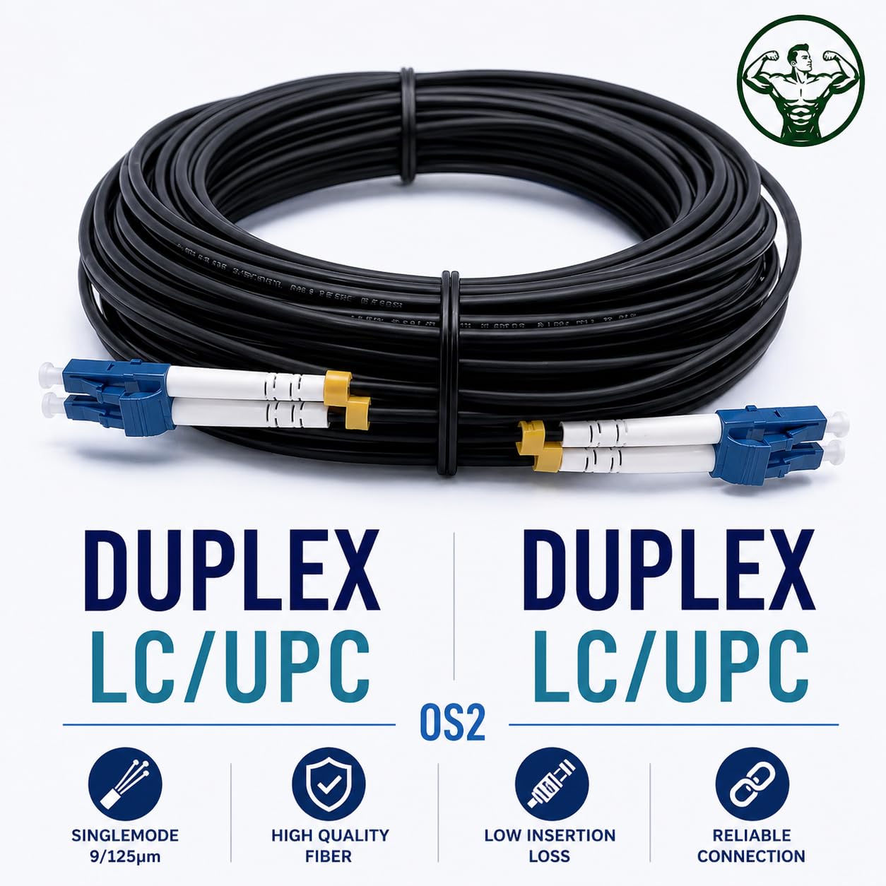 Elfcam® - Cavo Fibra Ottica con Armatura in Acciaio Corrugato LC/UPC per LC/UPC OS2 Duplex Monomodale 9/125um LSZH, Adatto per Installazioni Esterne e Interne, Nero, 50M