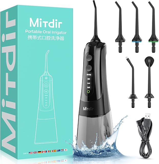 MiTdir Water Dental Flosser Oral Irrigator 5 Jet Tips 4 Modes IPX7 Waterproof 300ML Detachable Large Water Tank Portable Cordless Rechargeable Teeth Cleaner for Home&Travel (Black)