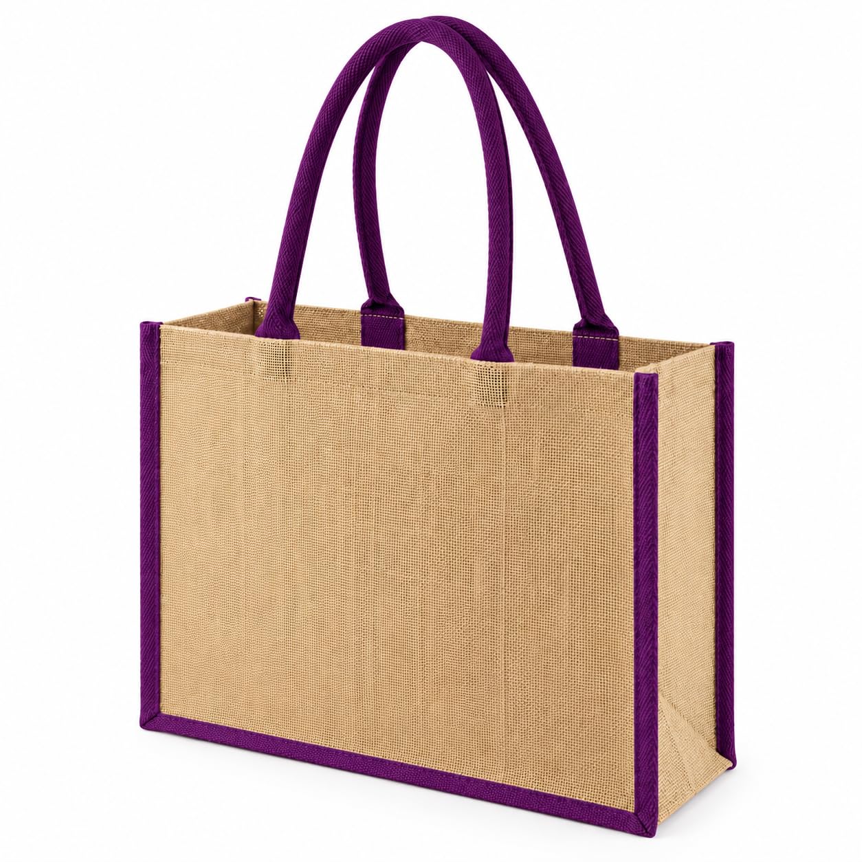 Hyper Mart Natural Large Reusable Hessian Bag with Padded Cotton Handles – Laminated Strong Bag for Shopping, Gifts & Everyday Use (PURPLE HANDLES AND EDGES)