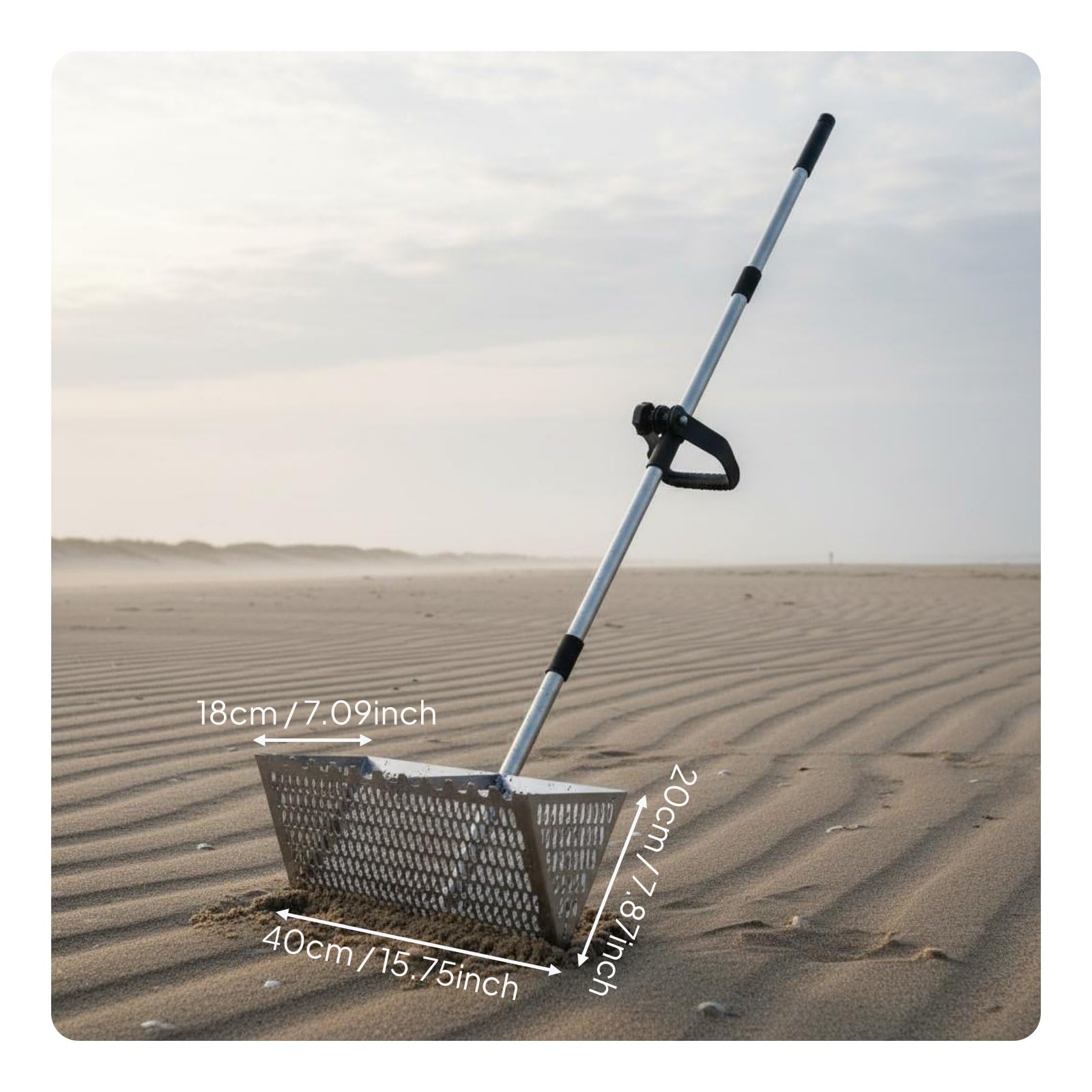Pala de Arena de Playa Criba Rastrillo Herramienta Mango Largo Regulable y Empuñadura Cómoda para Trabajo Adecuada para Rastreo de Orilla Huertos, Plata