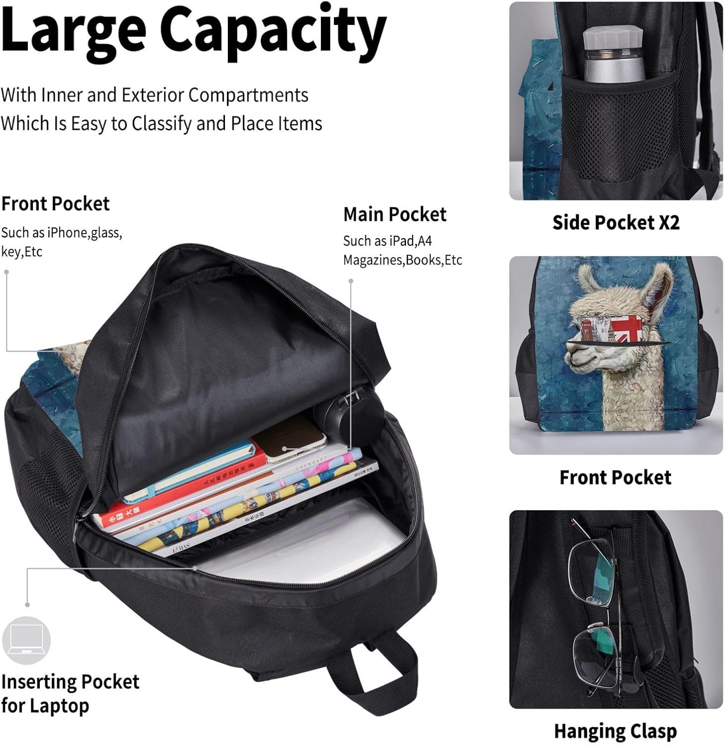 Alpaca Llama Backpack With Lunch Box 3 In 1 Set With Pencil Case, Large Capacity Backpack With Chest Strap