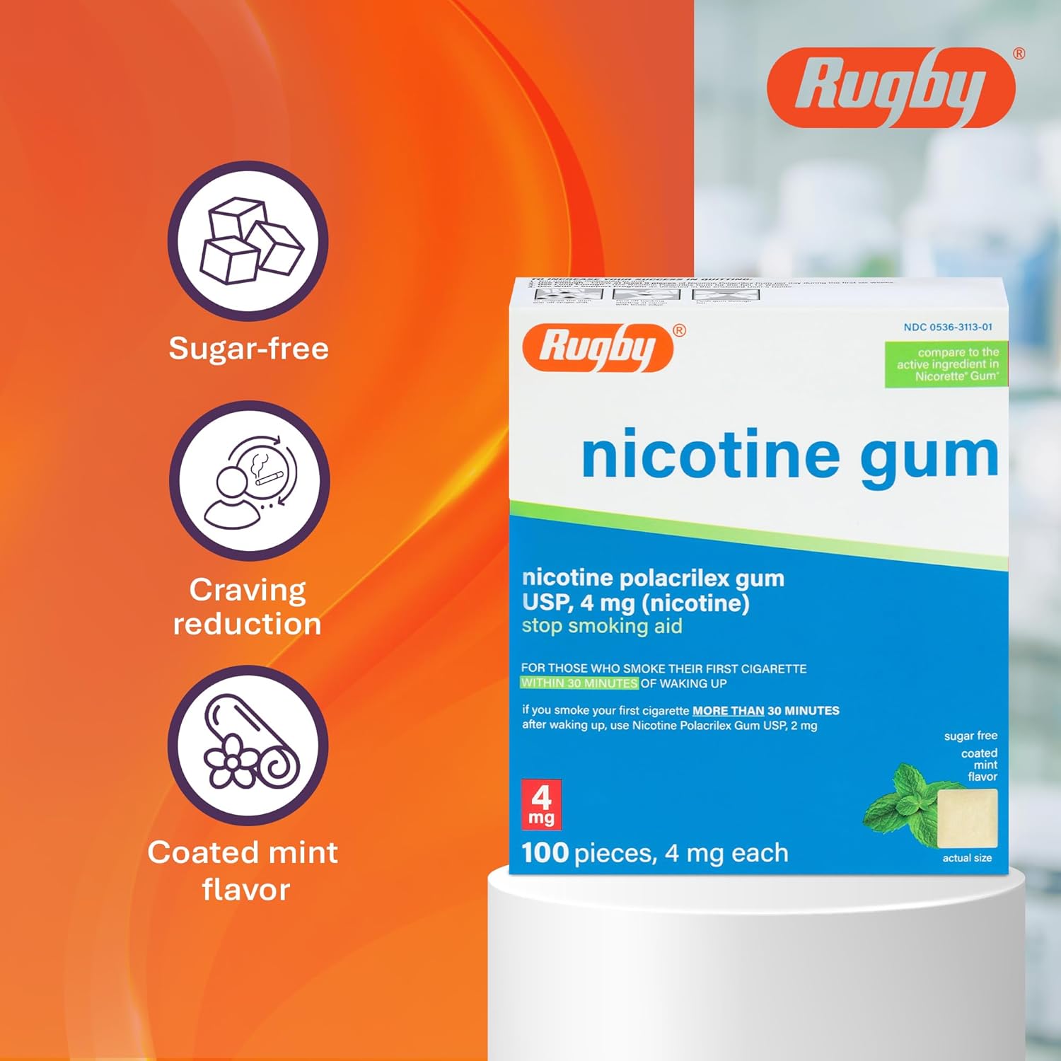 Rugby Polacrilex 4mg Nicotine Gum - Mint Flavor, Quit Smoking and Vaping Aid, Sugar-Free, 100 Count (1-Pack)