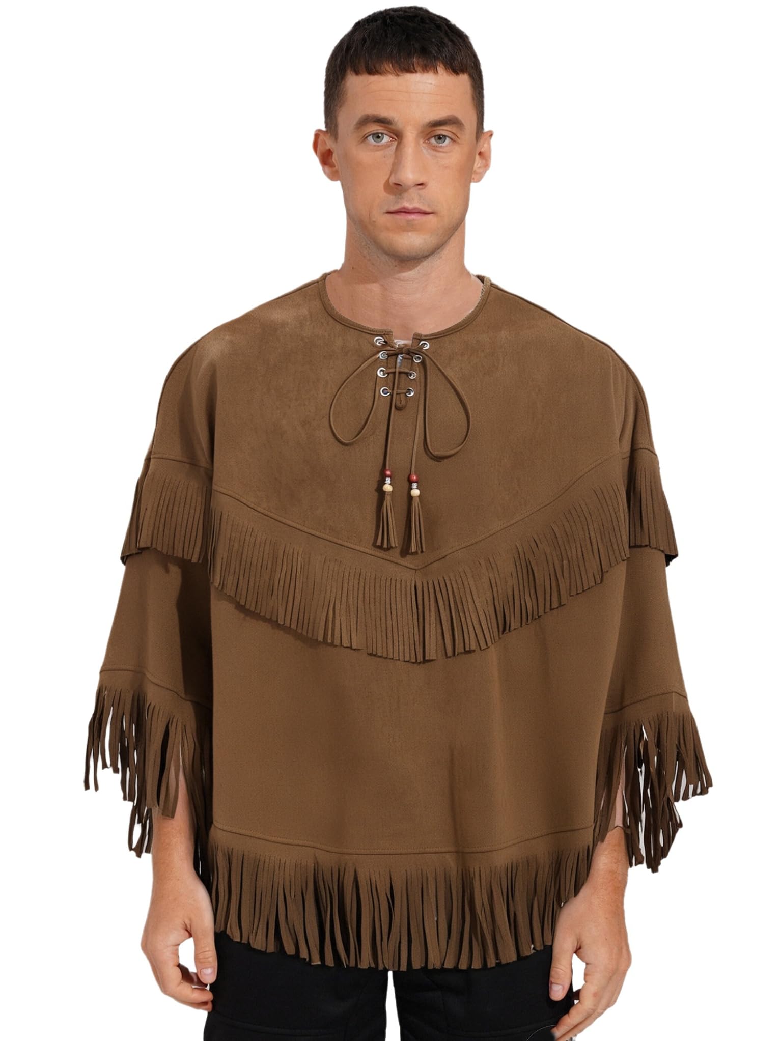 TTAO Mens Western Cowboy Costumes Faux Suede Native American Indian Cape Fringe Pullover For Halloween Brown XL