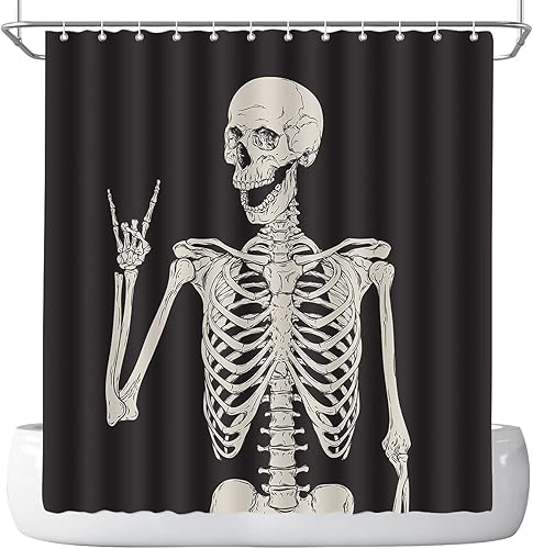 Miniatura 2 de Cortina de ducha de Halloween para baño, diseño de esqueleto, música, esqueleto y día de los muertos, calavera, gótica, gris oscuro, horrible y