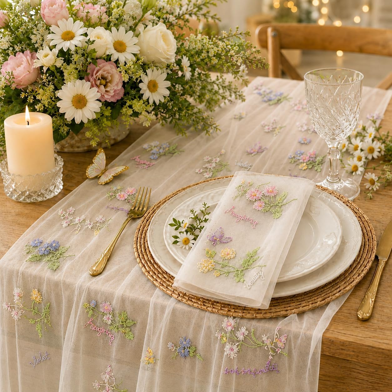 White Butterfly Floral Table Runner 10FT Seasonal Rustic Tulle Wildflower Embroidery Table Runner for Spring Summer Wedding Party Decoration Baby Shower DIY Craft