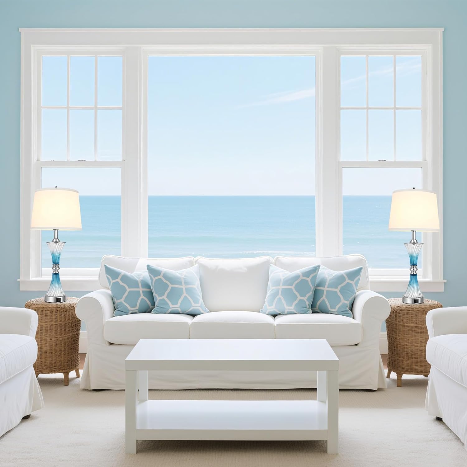 Blue Glass Nightstand Lamps, Bedside Lamps with USB-C/A Ports, 27’’ Table Lamps for Bedroom, 3 Way Dimmable Touch Lamps for Living Room Set of 2 - LED Bulbs Included