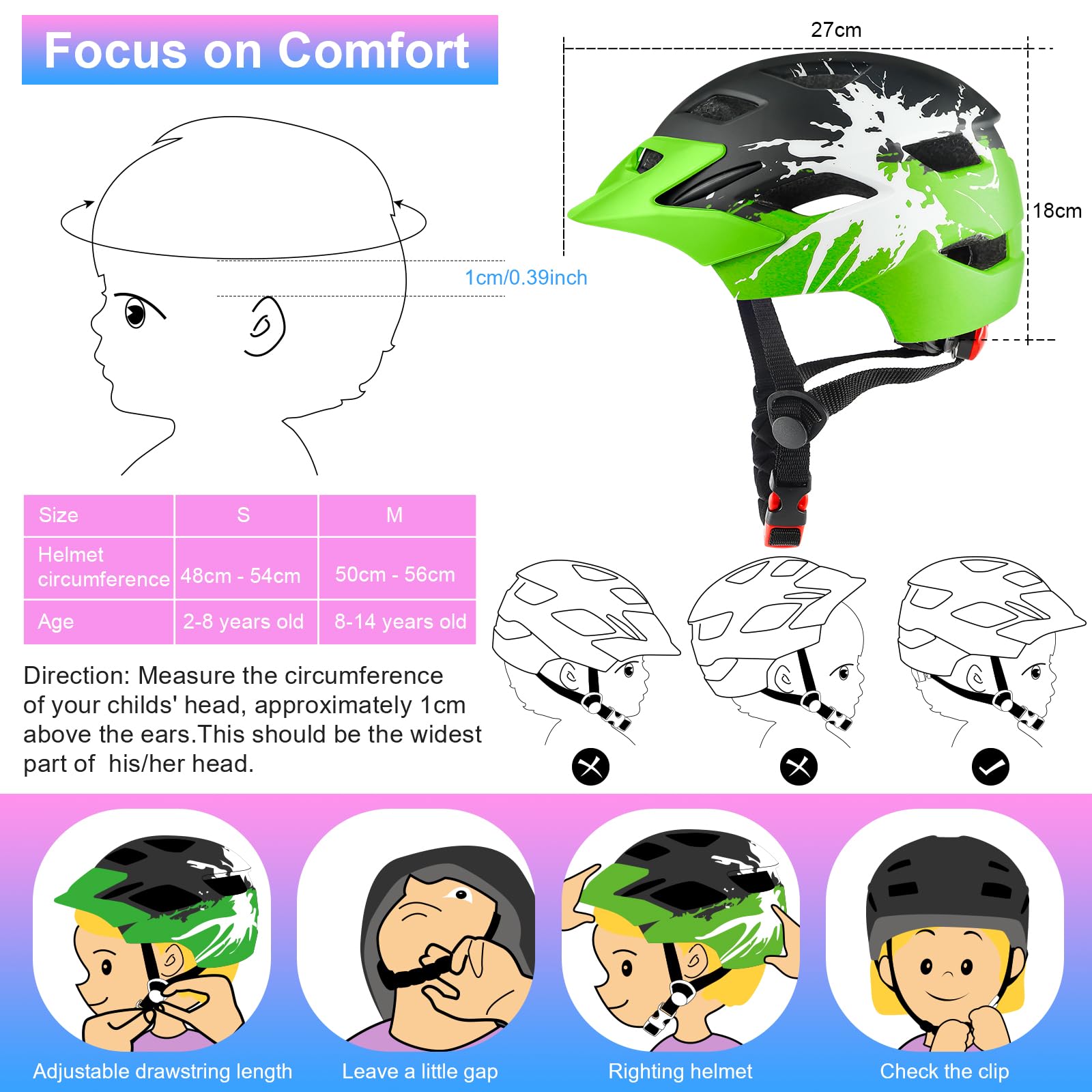 Casco da bici per bambini e bambine dai 3 ai 15 anni, leggero, con fanale posteriore, quadrante regolabile, visiera rimovibile (50-56 cm)