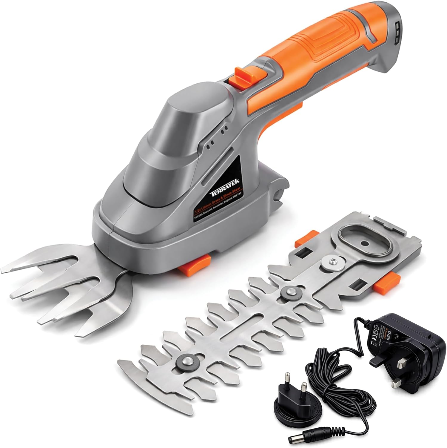 Terratek 2 IN 1 7.2V Cordless Hedge Trimmer Shear Built in Lithium Ion Battery, Hand Held Hedge Trimmer Cordless Hedge Cutter, with 2 Switchable Blades for Shrub, Garden, Grass, Lawn and Pruning