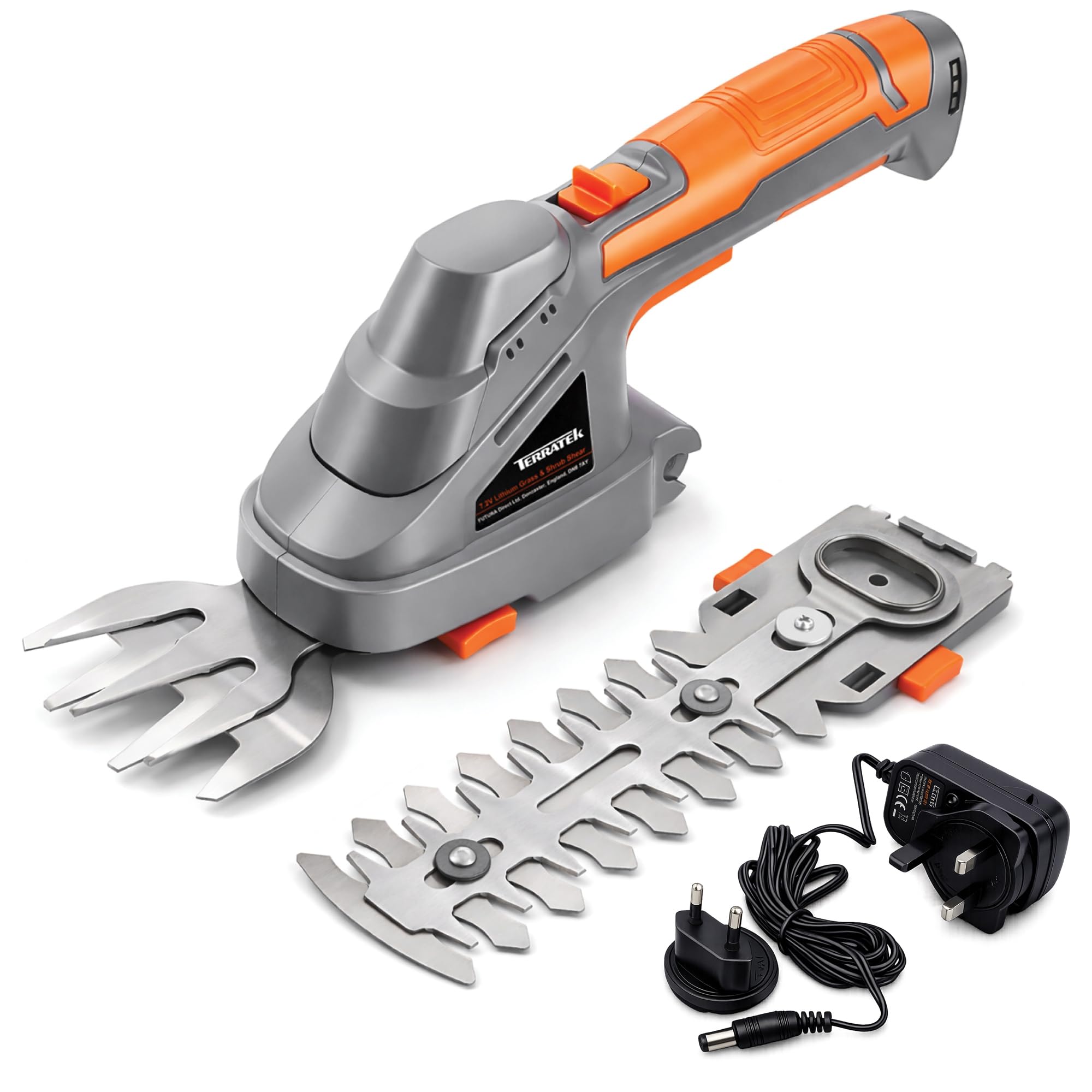 Terratek 2 IN 1 7.2V Cordless Hedge Trimmer Shear Built in Lithium Ion Battery, Hand Held Hedge Trimmer Cordless Hedge Cutter, with 2 Switchable Blades for Shrub, Garden, Grass, Lawn and Pruning