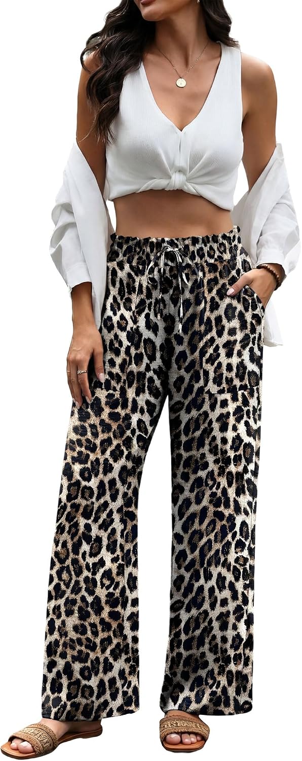 WIHOLL Women's Wide Leg Pants with Pockets Drawstring Loose Trousers Business Work Pants Summer Beach Vacation Clothes