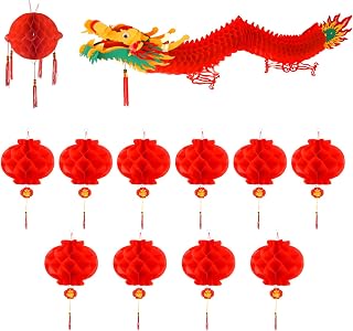 PLULON Chinese Dragon with Red Lantern 12 Pcs Chinese New Year Decorations, Spring Festival 3D Dragon Garland Ceiling Hanging Paper Lanterns for 2026 Chinese Lunar New Year Decorations Party Supplies