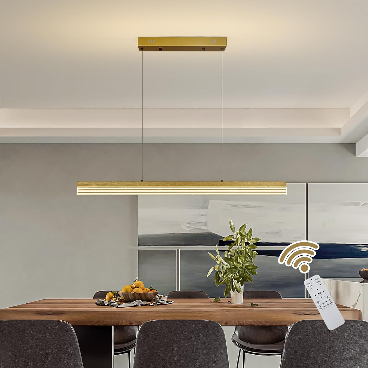 Modern LED Chandelier, Dimmable Pendant Light Linear Light Fixtures Remote Control Color/Brightness 3000-6000K Adjustable Hanging Lamp for Bedroom Living Dining Room Kitchen (22W Gold)