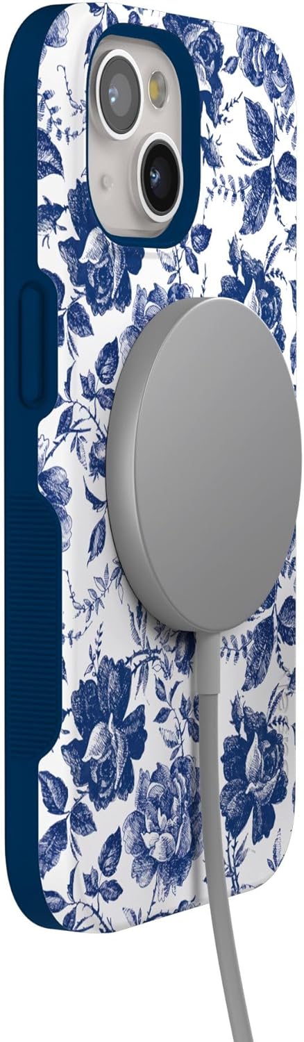 Casely iPhone 15 Case | Rose to Fame | Blue & White Floral | Bold Protective Design | Compatible with MagSafe