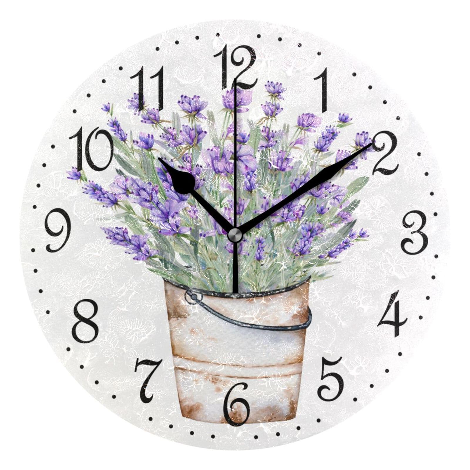 Mnsruu Wall Clock Lavender Water in Bucket, Silent Non-Ticking Decorative Wall Clocks Battery Operated 25x25cm
