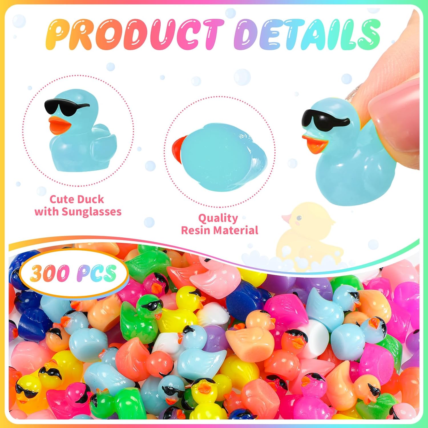 Qunclay 300個 小さなアヒル ミニ レジン アヒル サングラス付き バルク 小さなカラフルなアヒルのフィギュア ミニチュア