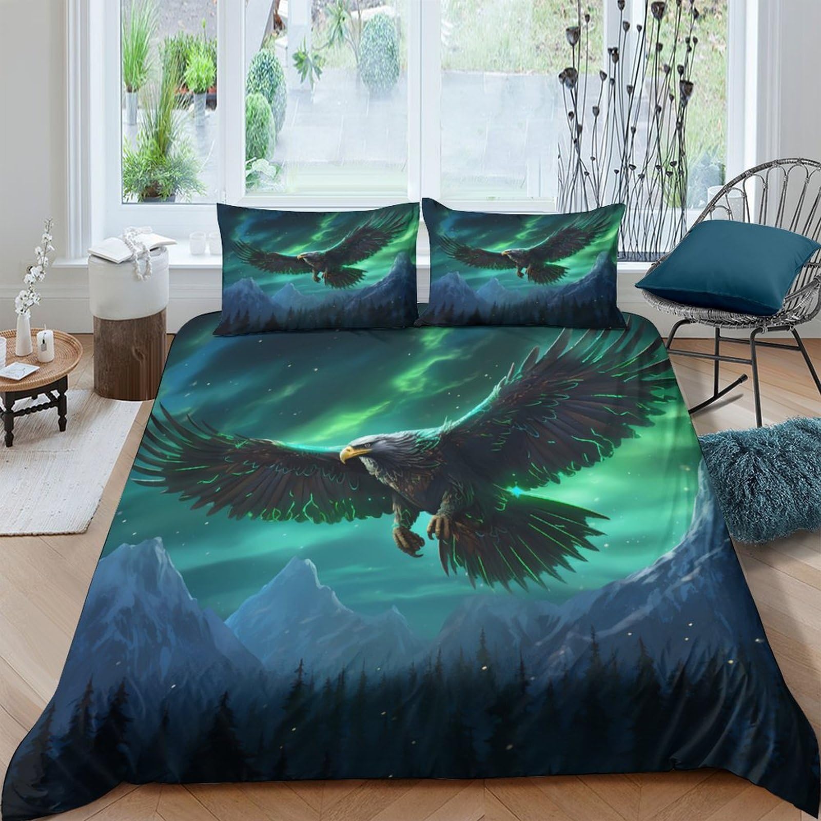 Ctjqhvkz Style-4 3D Printed Northern Lights Eagle Fitted Sheet Microfiber Soft Bed Sheet Forest Sky Bedroom Decor Mattress Protection Single（135X200cm）
