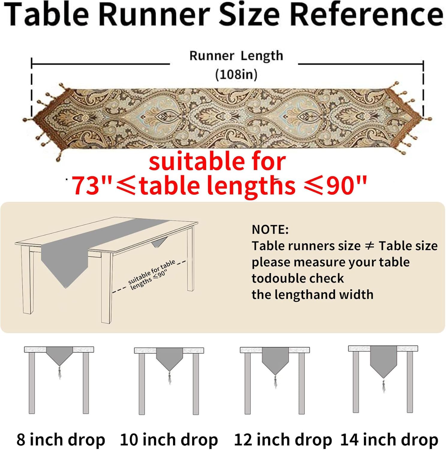 Luxury Vintage Design Table Runners 108 inches long Embroidery Jacquard Fabric with Multi-Tassels table runners for Dining Room Dresser Wedding holiday Party fireplace Decorations (Coffee, 12X108inch)