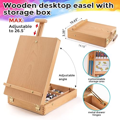 Miniatura 3 de Inburit Juego de pintura artística con caja de caballete de madera, pinturas acrílicas de 24 colores, 8 pinceles de pintura, 6 paneles de lienzo, 54