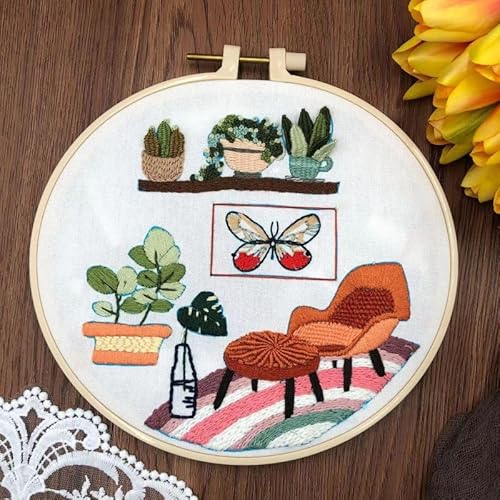 Embroidery Starter Kits with Sofa & Flowers Pattern and Instructions, Plastic Embroidery Hoops,Threader,Color Threads and Needles,Embroidery Kit for Beginners(XI89)