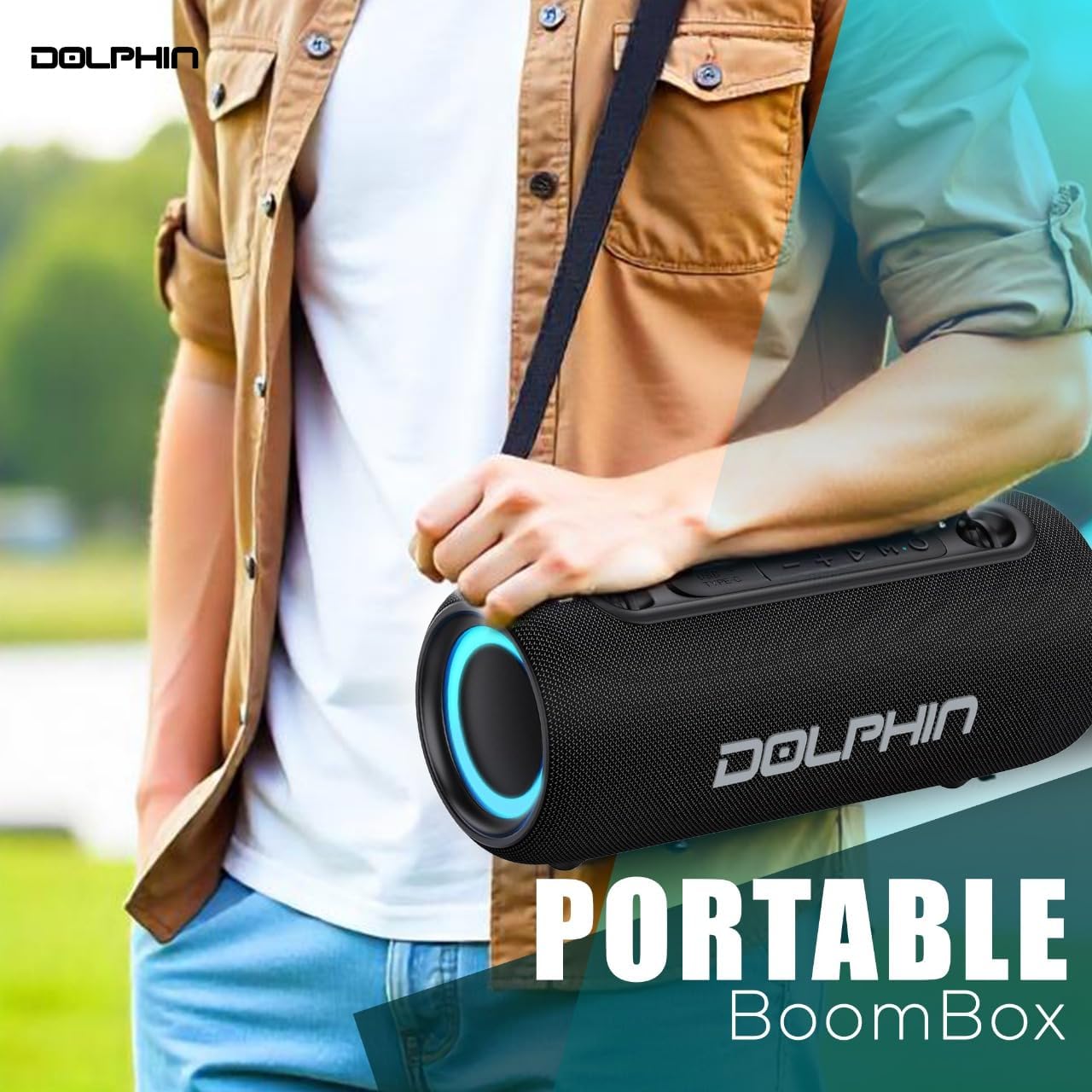 Person carrying Dolphin LX-30 speaker with shoulder strap