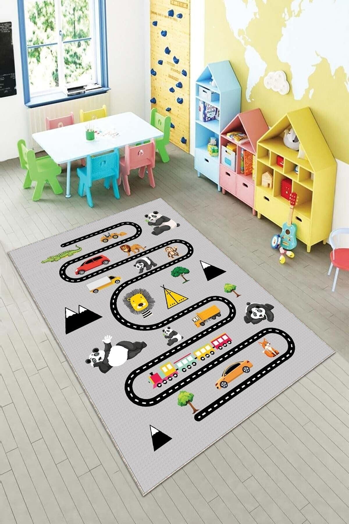 Pelangi Gri Trafik Yollu Ve Fiğürlü Yıkanabilir Kaymaz Taban Leke Tutmazbebek Ve Çocuk Odası Halısı, Gri-Siyah 80 x 600, 90135707980600
