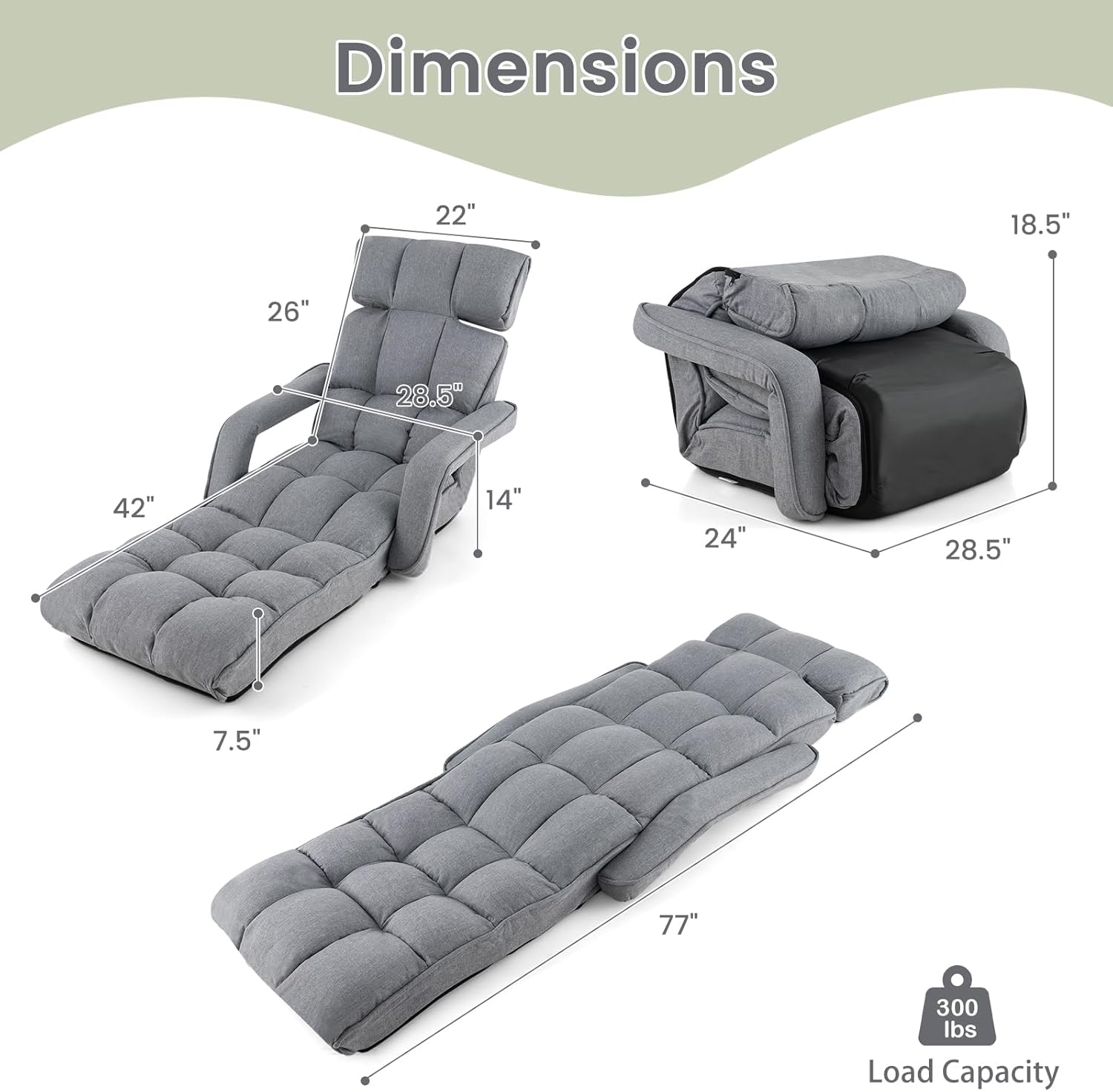 RELAX4LIFE Floor Chair Sofa Bed - Folding Lazy Sofa w/6-Position Adjustable Backrest, Armrests & 8-Level Footrest for Living Room Bedroom, Gaming Floor Chairs for Adults, Foldable Chaise Lounge Indoor