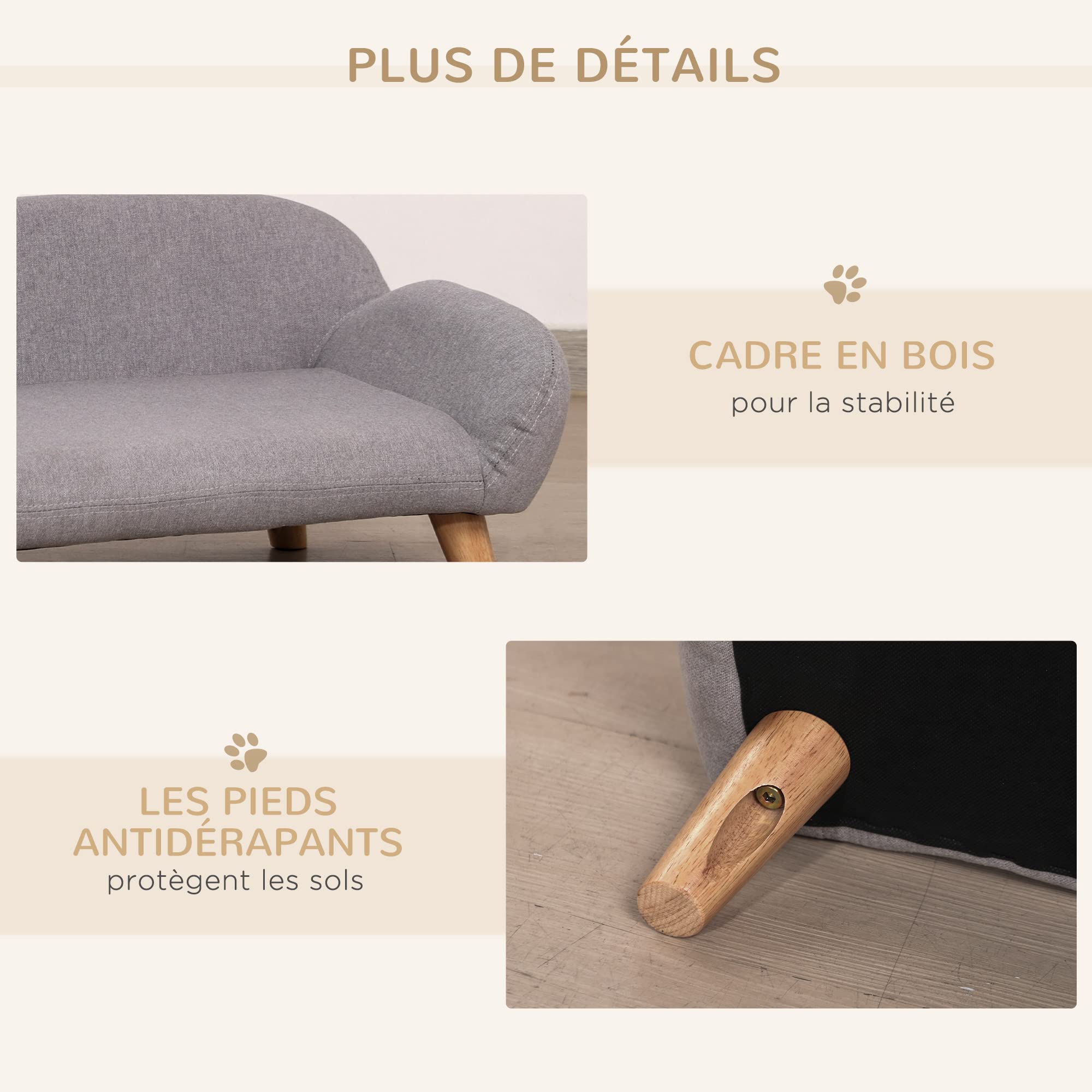PawHut Canapé pour Chien canapé pour Animal de Compagnie Style scandinave Pieds effilés en Bois revêtement Tissu 72 x 44 x 31 cm - Gris