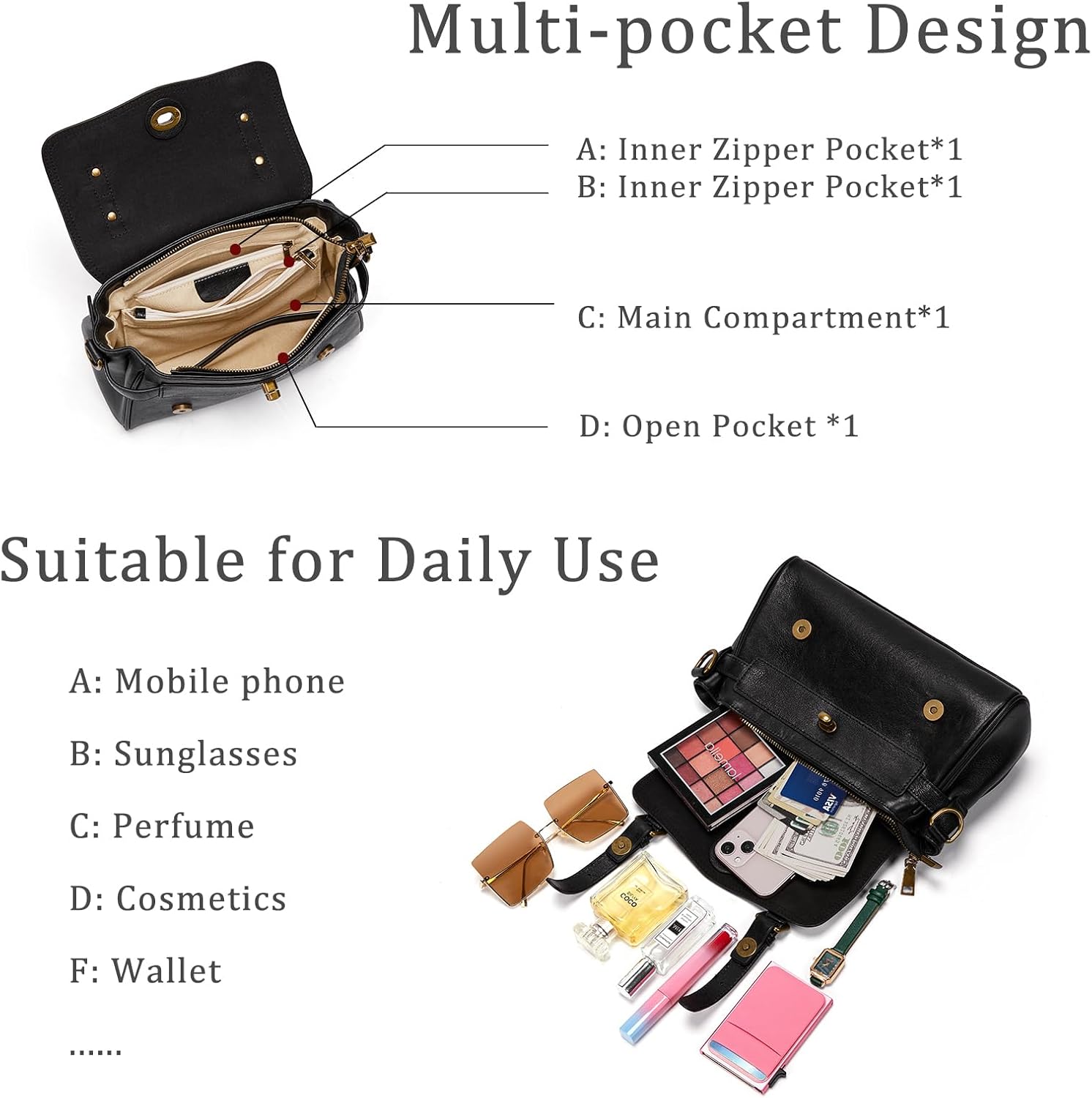 Vintage Crossbody Bag for Women, Genuine Leather Purse Shoulder Handbags Top Handle Bag with Adjustable Strap
