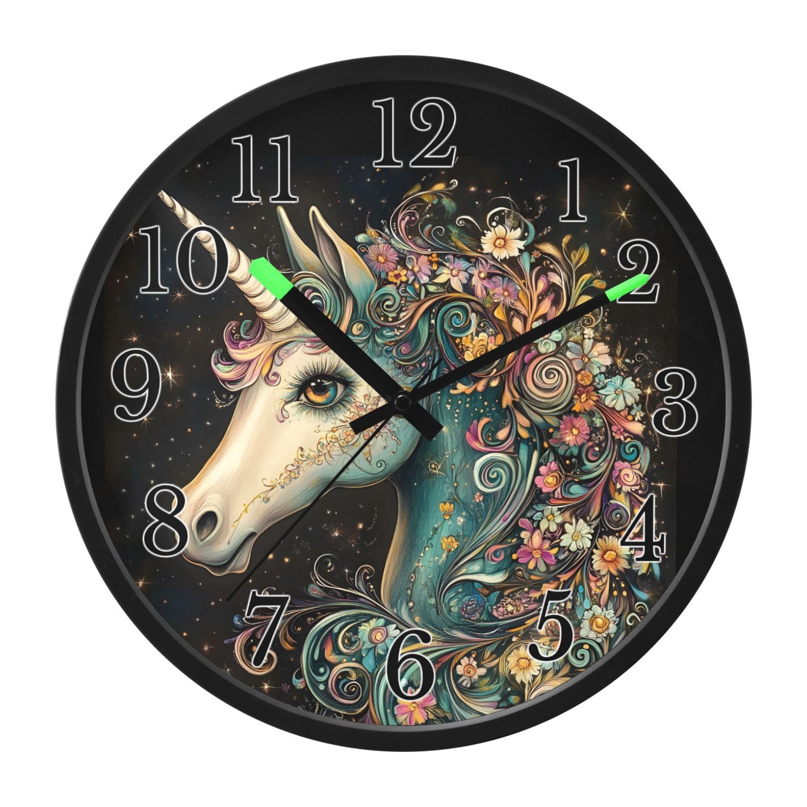 Mnsruu Reloj de pared luminoso con diseño de unicornio y flor de caballo, funciona con pilas, reloj silencioso que brilla en la oscuridad para sala de estar y cocina, 30,5 cm