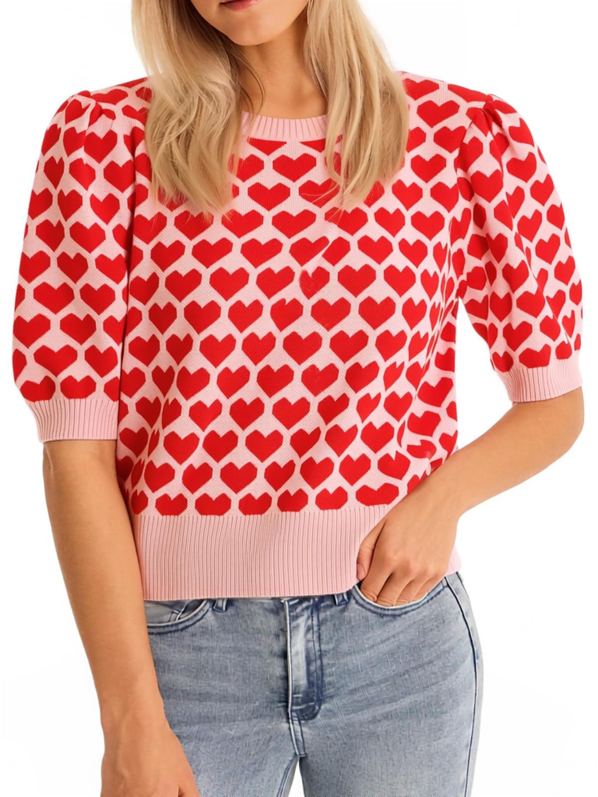 Women Puff Short Sleeve Sweater Casual Cropped Knit Shirts Cute Heart Holiday Valentines Knit Pullover Crop Top