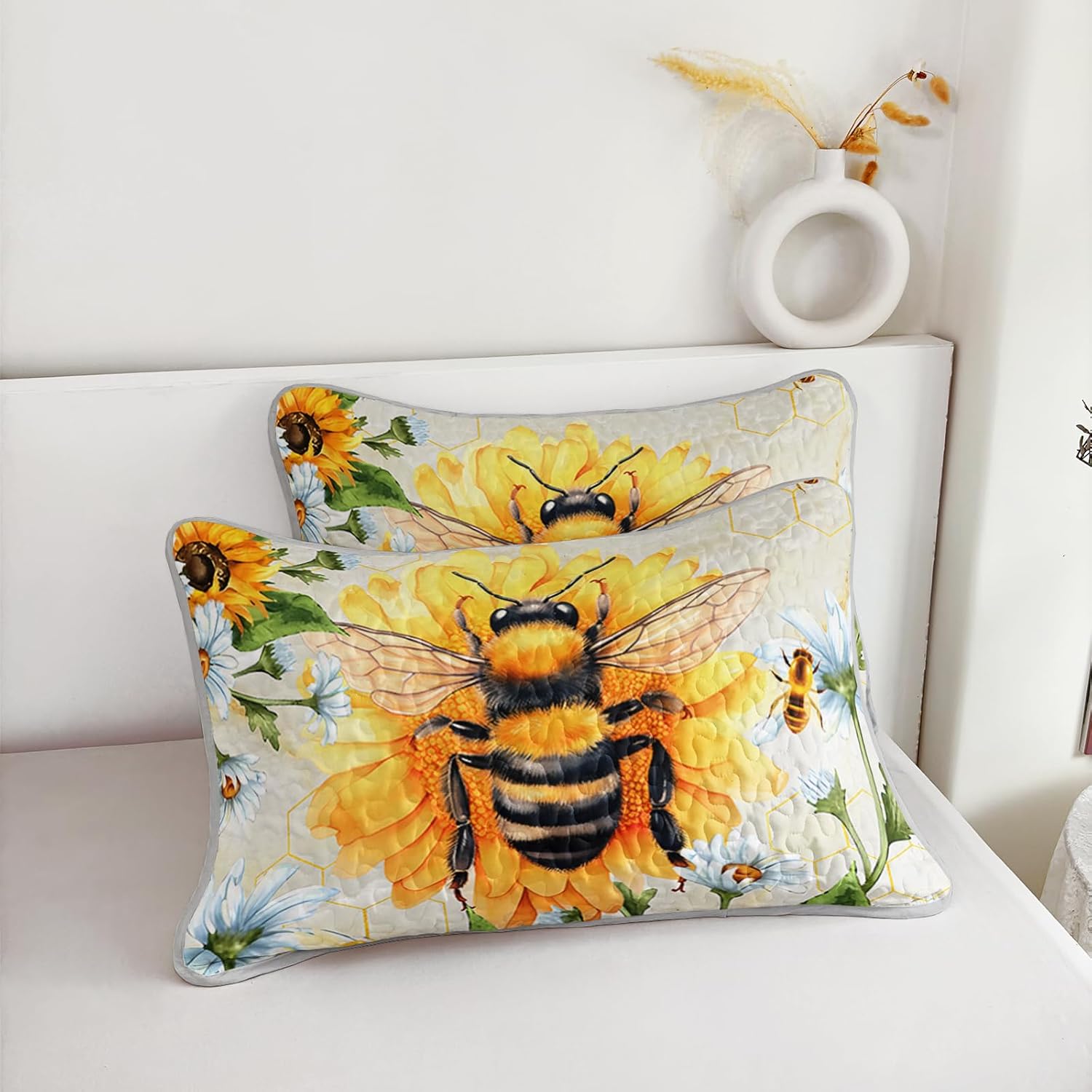 AILONEN Honey Bee Quilt Bedding Set Queen Size,Sunflower Bedspread Coverlet,3Pcs Soft Watercolor Yellow Bee & Floral Bed Cover(1 Quilt + 2 Pillowcases) - Image 6