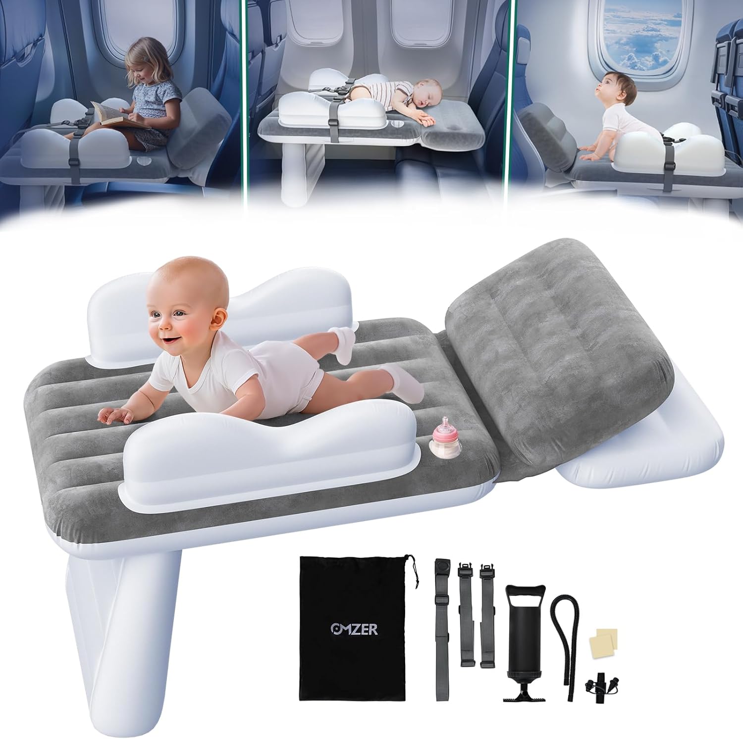 omzer Inflatable Toddler Airplane Bed: Airplane Seat Extender for Kids with Cup Holder & Seat Belt - Portable Baby Travel Bed with Travel Bag & Hand Pump
