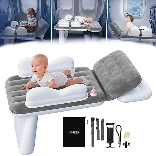 omzer Cama inflable para avión infantil: extensor de asiento de avión para niños con portavasos y cinturón de seguridad - Cama de viaje portátil