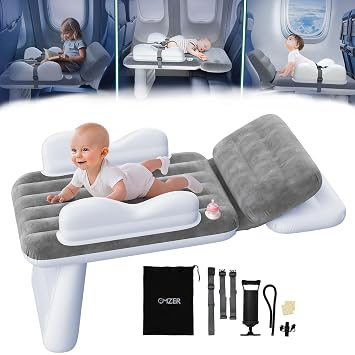 Omzer Inflatable Toddler Airplane Bed Large Airplane Seat Extender for Kids with Cup Holder & Seat Belt - Portable Baby Travel Bed with Travel Bag & Hand Pump