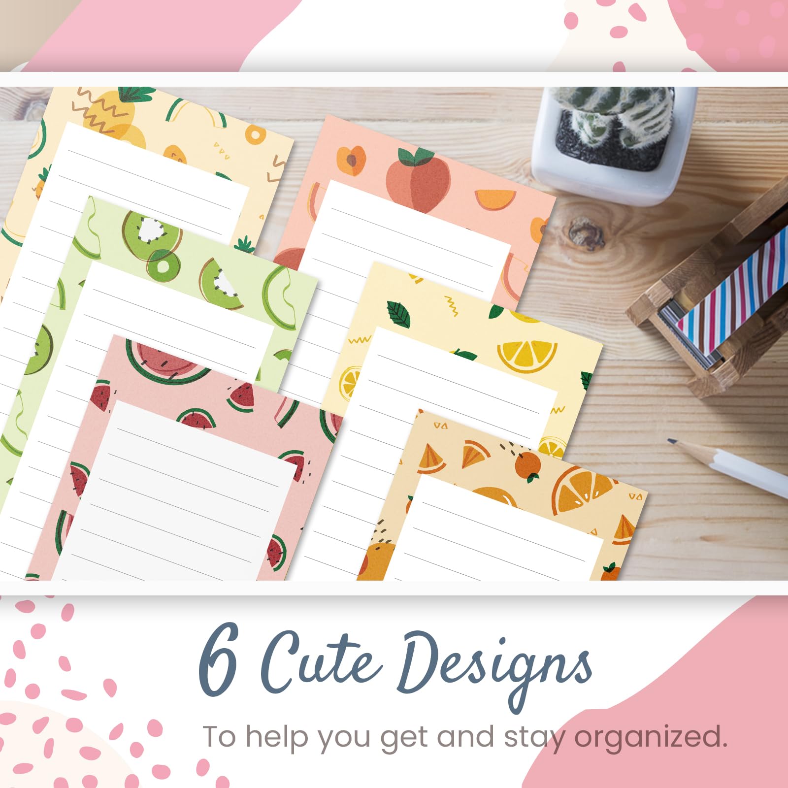 Grocery List Magnet Pad for Fridge 6-Pack Magnetic Note Pads Lists, 60 Sheets Per Pad, 6 Cute Fruit Designs - Image 2
