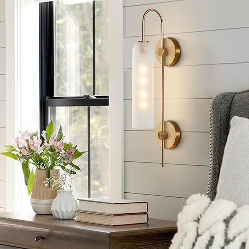 Miniatura 7 de BOKT Lámpara de pared moderna de mediados de siglo con 1 luz, aplique de pared de metal dorado cepillado, iluminación minimalista anti latón,
