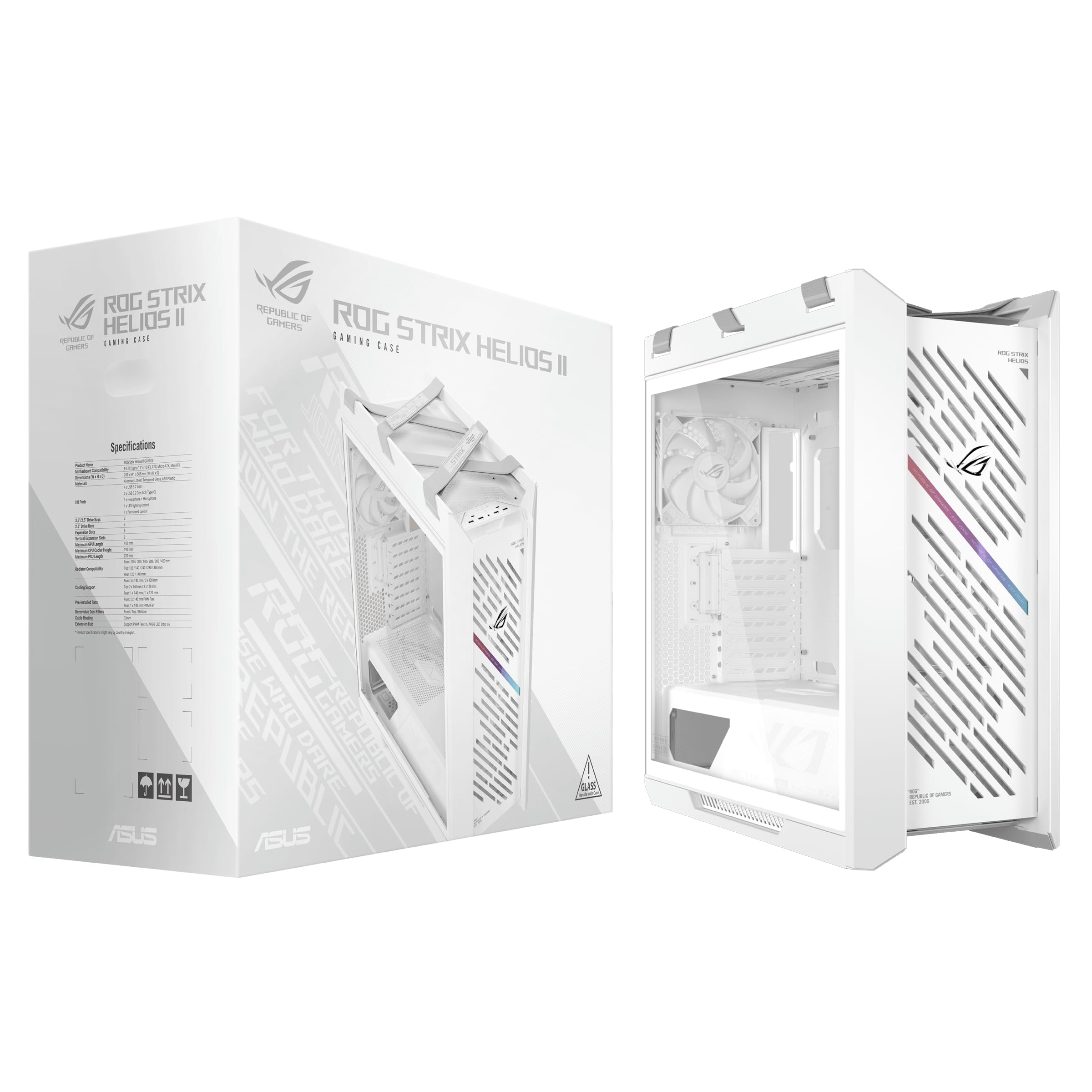 ASUS ROG Strix Helios II White Edition EATX - Carcasa para PC de Media Torre para Juegos, con Paneles Laterales de Vidrio Templado duales, Soporte para GPU de hasta 450 mm de Largo, Soportes para