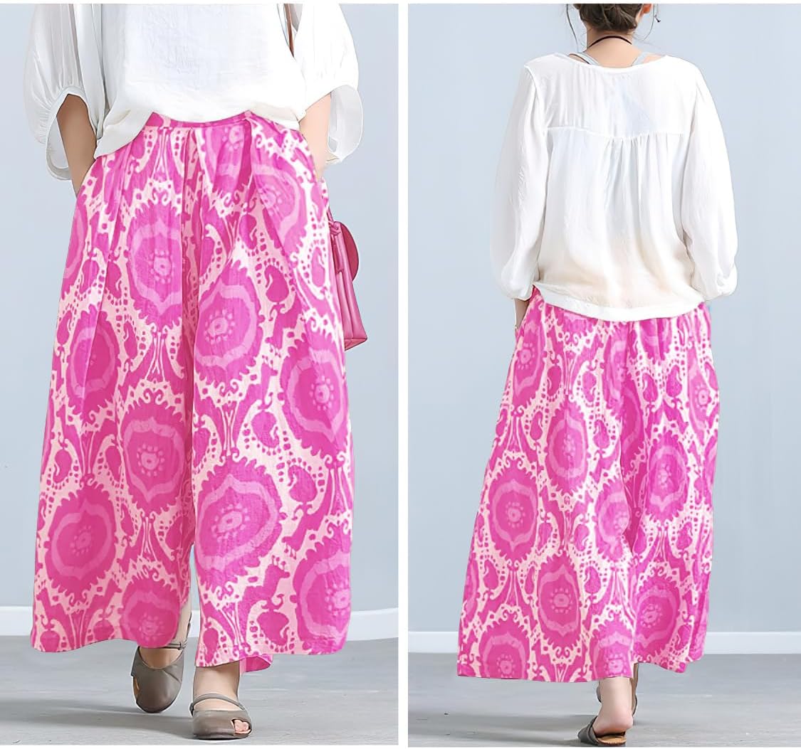 CHOUYATOU Women's Loose Floral Printed Cotton Crop Pants Elastic Waist Wide Leg Palazzo Trousers - Image 7