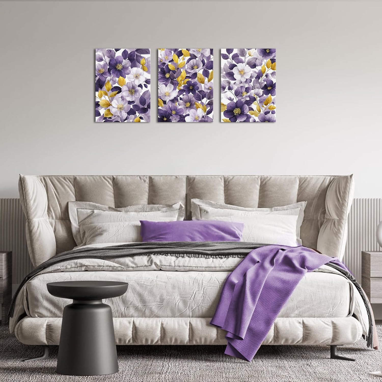 Visual Art Decor Bathroom Pictures Wall Decor Floral Painting Prints, Farmhouse Kitchen Wall Art Dining Room Decor Framed Ready to Hang, 12x16inchx3Pieces (Purple)