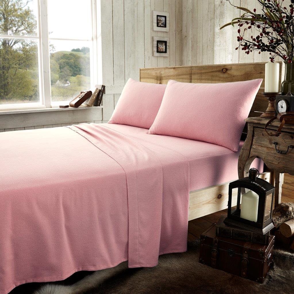 Flannelette Brushed Cotton Flat Sheets Super Soft Warm Cosy Wrinkle Shrinkage and Fade Resistant Fabric Flat Bed Sheets (Pink, Double)