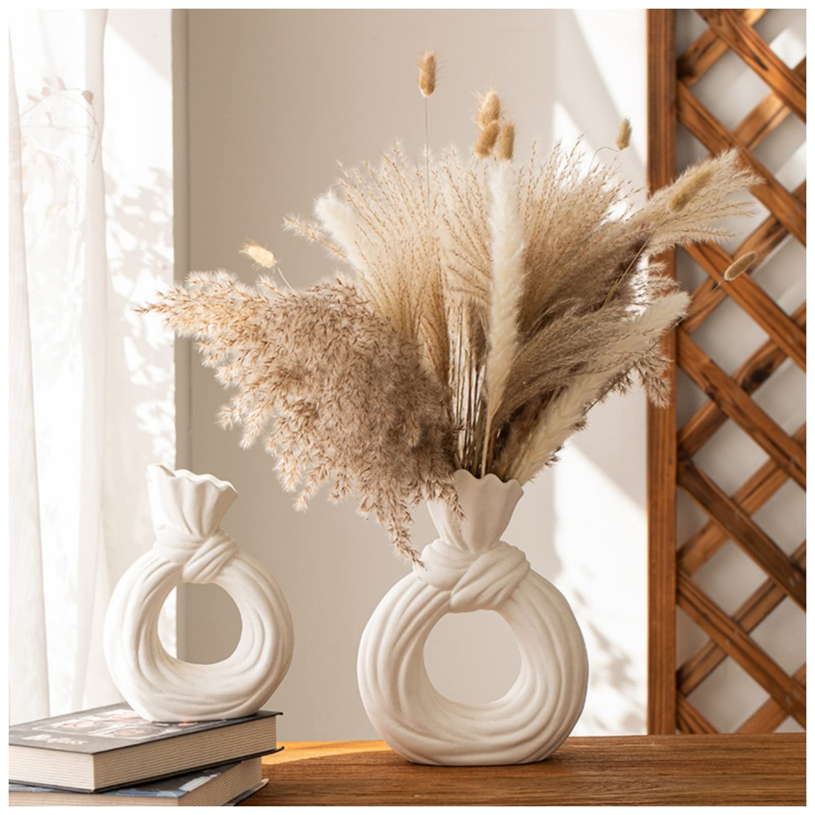 Modern Decorative White Ceramic vase Set of 2，Round Matte Pampas Flower Vases Minimalist Nordic Boho Ins Style for Wedding Dinner Table Party Living Room Decorative Gift (Large + Medium)…