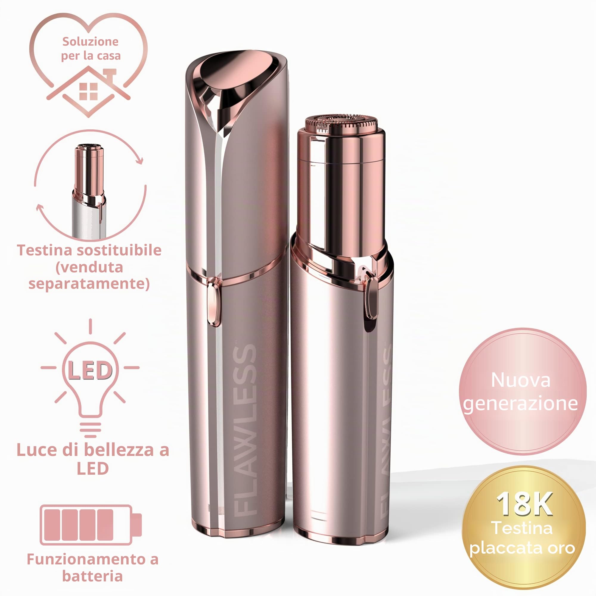 Finishing Touch Rimozione peli del viso di nuova generazione Depilazione senza dolore per pelli sensibili con testina placcata oro 18 carati, batteria inclusa