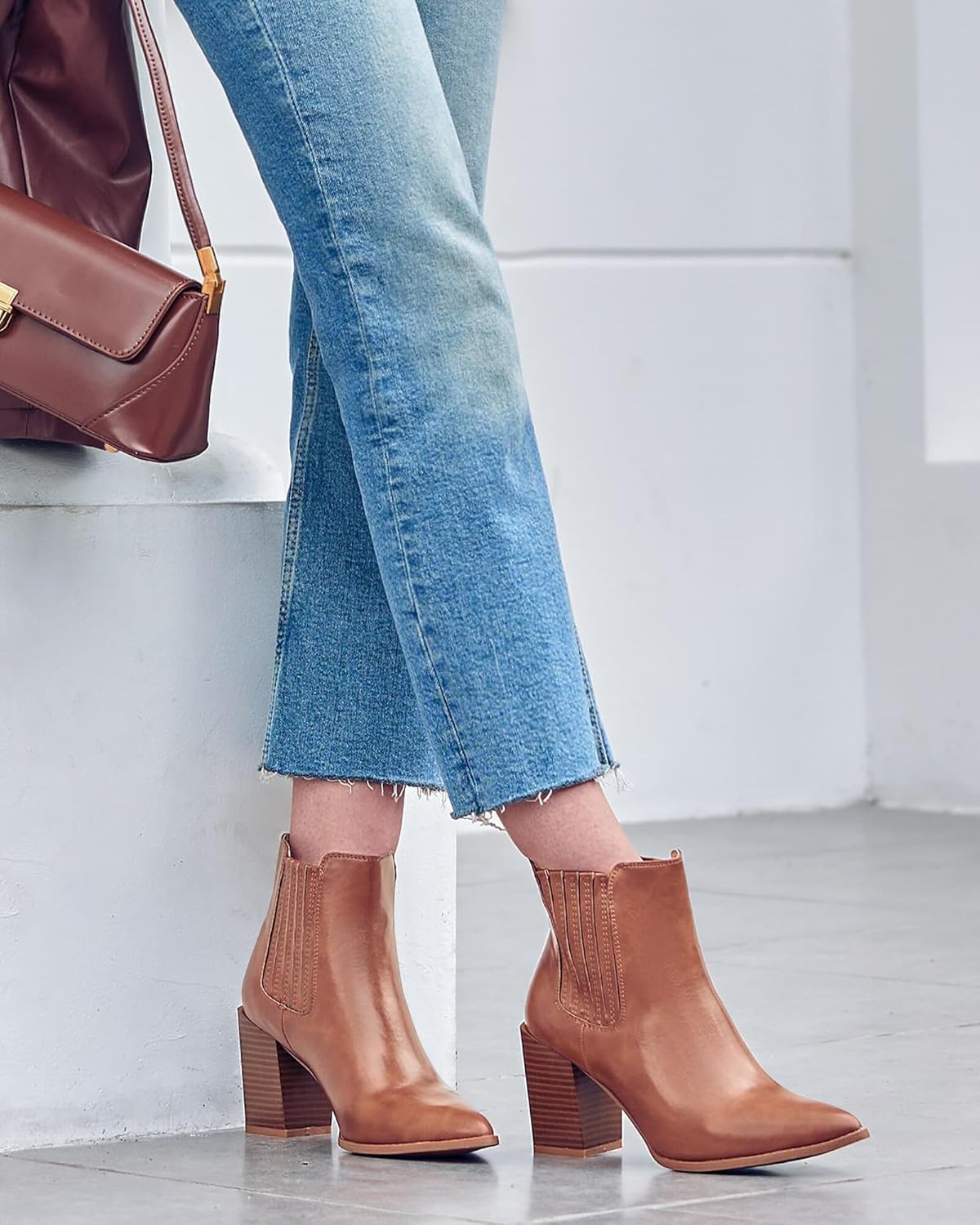 Womens Booties Pointed Toe Stacked Heel Fashion Chelsea Ankle Boots - Image 2