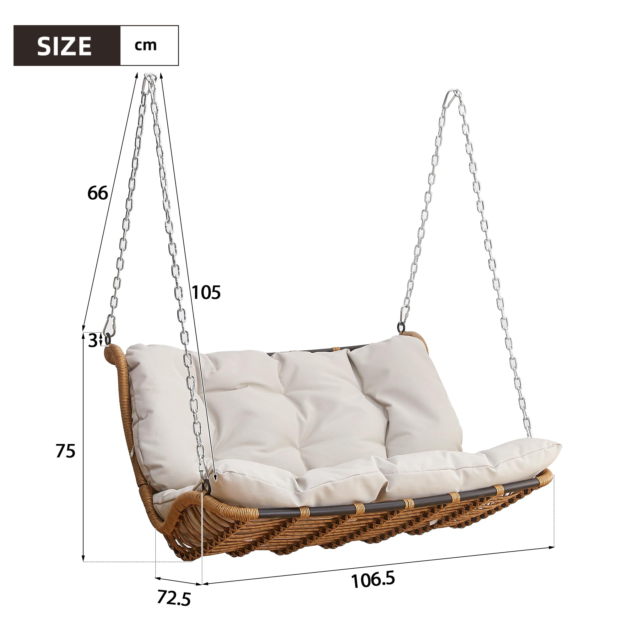 PE-Rattan-Schaukel-Doppelsitz, Hängeschaukel für den Garten im Freien, mit Kissen und 2 Ketten, ohne Rahmen, Kissen sind abnehmbar und waschbar